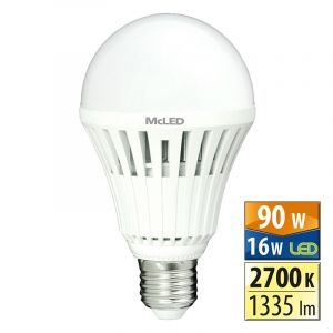 McLED - LED žárovka 16W, E27, 2700K, CRI 80, vyzař. úhel 150°, sv. tok 1335lm, PF 0,94, 74mA
