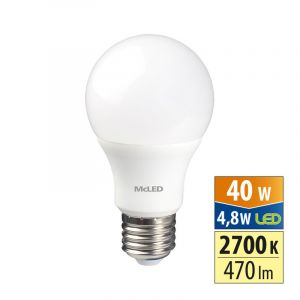 McLED - LED žárovka 4,8W, E27, 2700K, CRI80, vyz. úhel 200°, 360° 470lm
