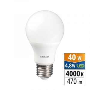 McLED - LED žárovka 4,8W, E27, 4000K, CRI80, vyz. úhel 200°, 360° 470lm