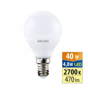 McLED - LED žárovka kapka 4,8W, E14, 2700K, CRI80, vyz. úhel 200°, 360° 470lm