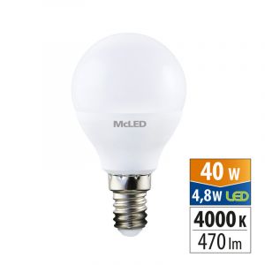 McLED - LED žárovka kapka 4,8W, E14, 4000K, CRI80, vyz. úhel 200°, 360° 470lm