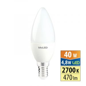 McLED - LED žárovka svíčka 4,8W, E14, 2700K, CRI80, vyz. úhel 180°, 360° 470lm