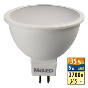 McLED - LED žárovka 5 W, GU5.3, 2700 K, MR16, CRI 80, vyzař. úhel 100 °, 345 lm, PF 0,59, 706 mA