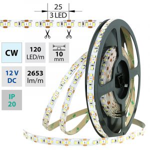 LED pásek SMD2835 CW, 120LED/m, 28,8W/m, 2653lm/m, IP20, DC 12V, 10mm, 50m