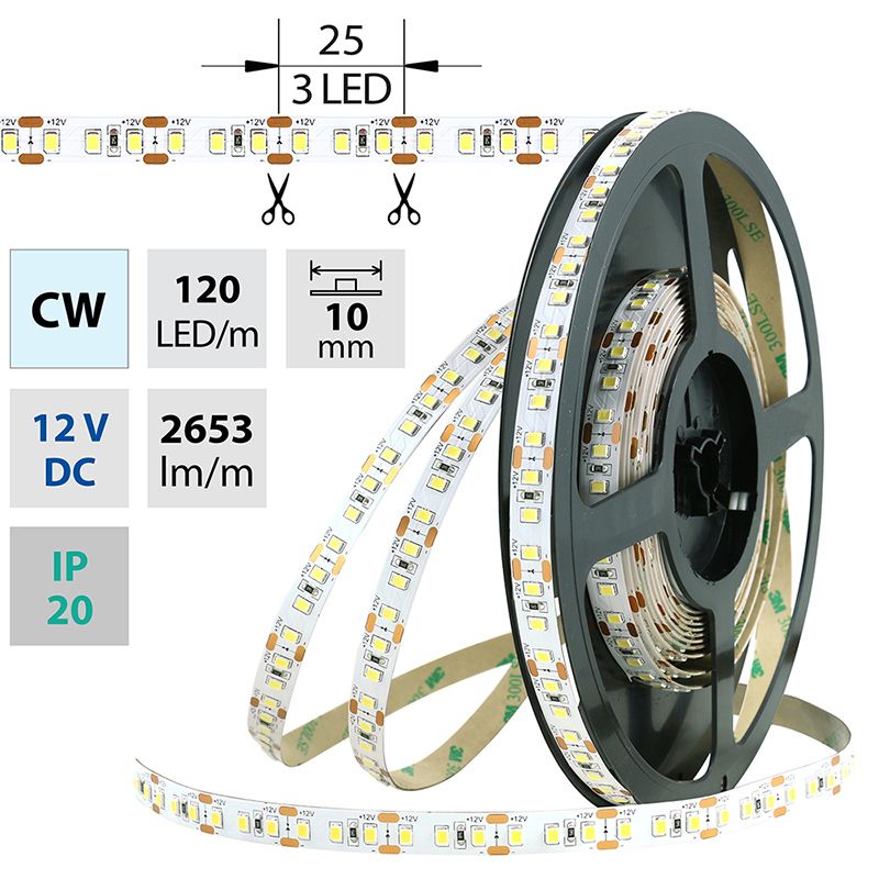 LED pásek SMD2835 CW, 120LED/m, 28,8W/m, 2653lm/m, IP20, DC 12V, 10mm, 50m McLED