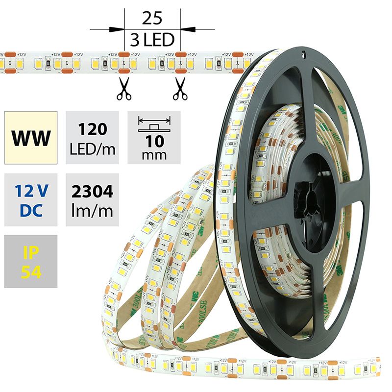 LED pásek SMD2835 WW, 120LED/m, 28,8W/m, 2304lm/m, IP54, DC 12V, 10mm, 5m McLED