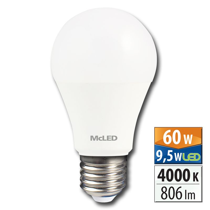 McLED - LED žárovka 9,5 W, E27, 4000 K, CRI 80, vyzař. úhel 180 °, sv. tok 806 lm, PF 0,6, 70 mA