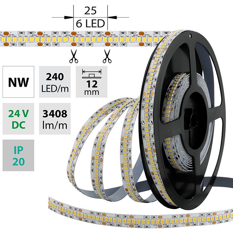VÝBĚH LED pásek SMD2835 NW, 240LED/m, 38,4W/m, 3408lm/m, IP20, DC 24V, 12mm, 50m McLED
