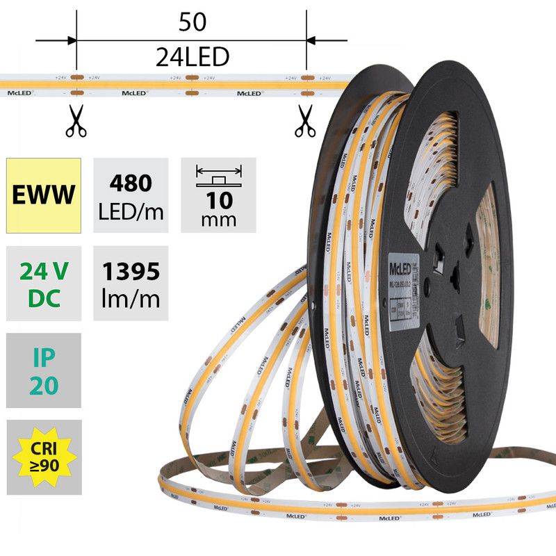 LED pásek COB EWW, 480LED/m, 15W/m, DC 24V, 1395lm/m, CRI90, IP20, 10mm, 50m McLED