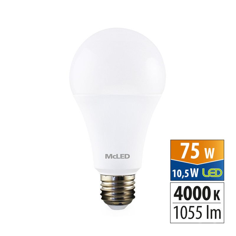 McLED - LED žárovka 10,5W, E27, 4000K, CRI80, vyz. úhel 200°, 360° 1055lm