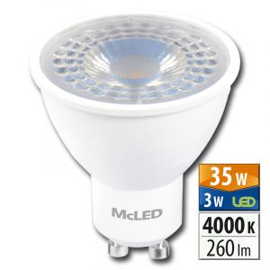 McLED - LED žárovka 3 W, GU10, 4000 K, PAR16, CRI 80, vyzař. úhel 38 °, 260 lm, PF 0,4, 31 mA