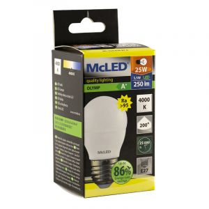 McLED - LED žárovka kapka 3,5W, E27, 4000 K, CRI 95, vyzař. úhel 200 °, 250lm, PF 0,4, 36 mA