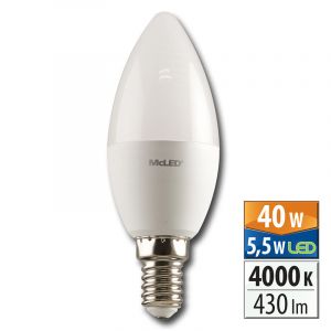 McLED - LED žárovka svíčka 5,5W, E14, 4000 K, CRI 95, vyzař. úhel 200 °, 430lm, PF 0,5, 44 mA