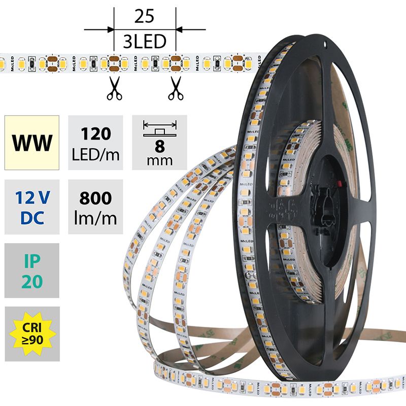 LED pásek SMD2835 WW, 120LED/m, 9,6W/m, DC 12V, 800lm/m, CRI90, IP20, 8mm, 5m McLED