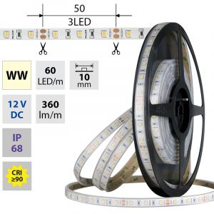 LED pásek SMD2835 WW, 60LED/m, 4,8W/m, DC 12V, 360lm/m, CRI90, IP68, 10mm, 5m