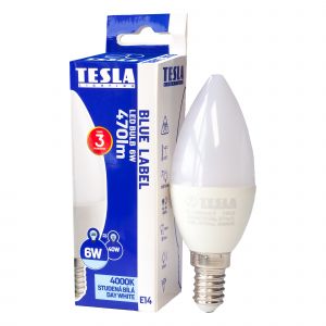 Tesla - LED žárovka CANDLE svíčka, E14, 6W, 230V, 470lm, 25 000h, 4000K denní bílá, 180st