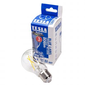 Tesla - LED žárovka FILAMENT RETRO BULB E27, 7W, 230V, 806lm, 25 000h, 4000K denní bílá, 360st,čirá