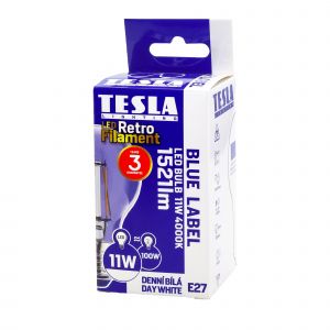 Tesla - LED žárovka FILAMENT RETRO, E27, 11W, 230V, 1521lm, 25 000h, 4000K denní bílá, 360st,čirá Tesla Lighting