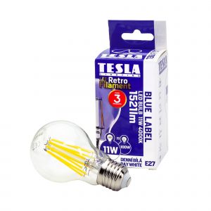 Tesla - LED žárovka FILAMENT RETRO, E27, 11W, 230V, 1521lm, 25 000h, 4000K denní bílá, 360st,čirá
