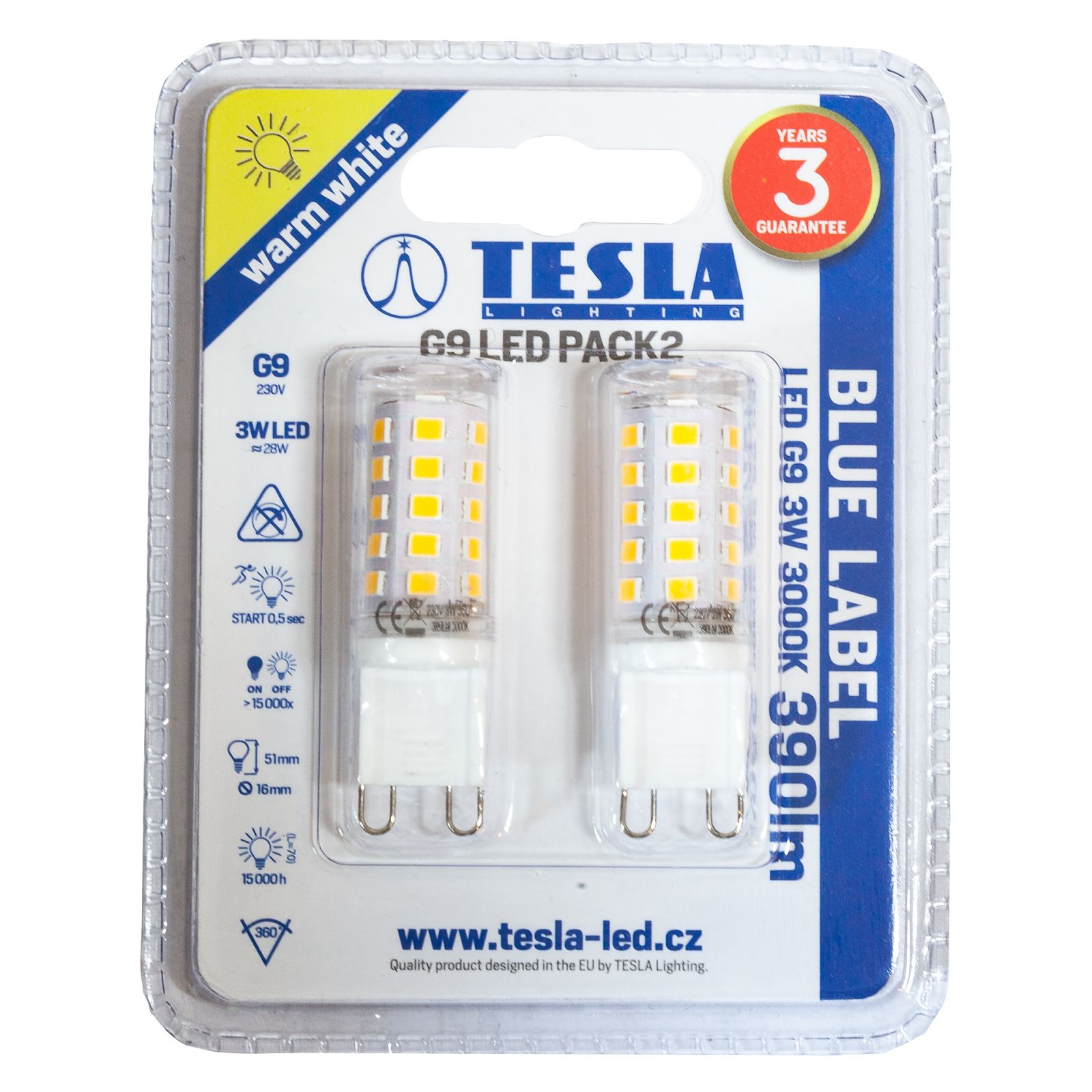 Tesla - LED žárovka, G9, 3W, 230V, 300lm, 15 000h, 3000K teplá bílá, 360st 2ks v balení Tesla Lighting