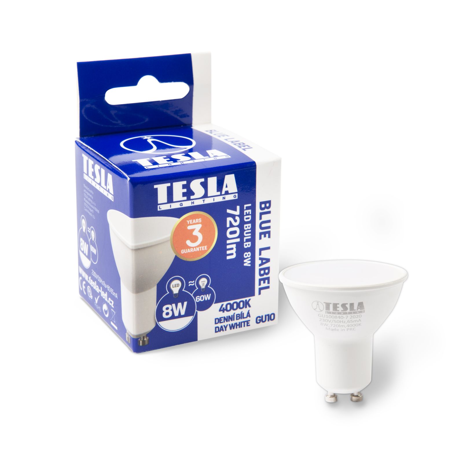 Tesla - LED žárovka GU10, 8W, 230V, 720lm, 25 000h, 4000K denní bílá, 100st Tesla Lighting