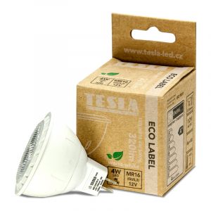 Tesla - LED žárovka GU5,3 MR16, 4W, 12V, 320lm, 25 000h, 3000K teplá bílá, 38st