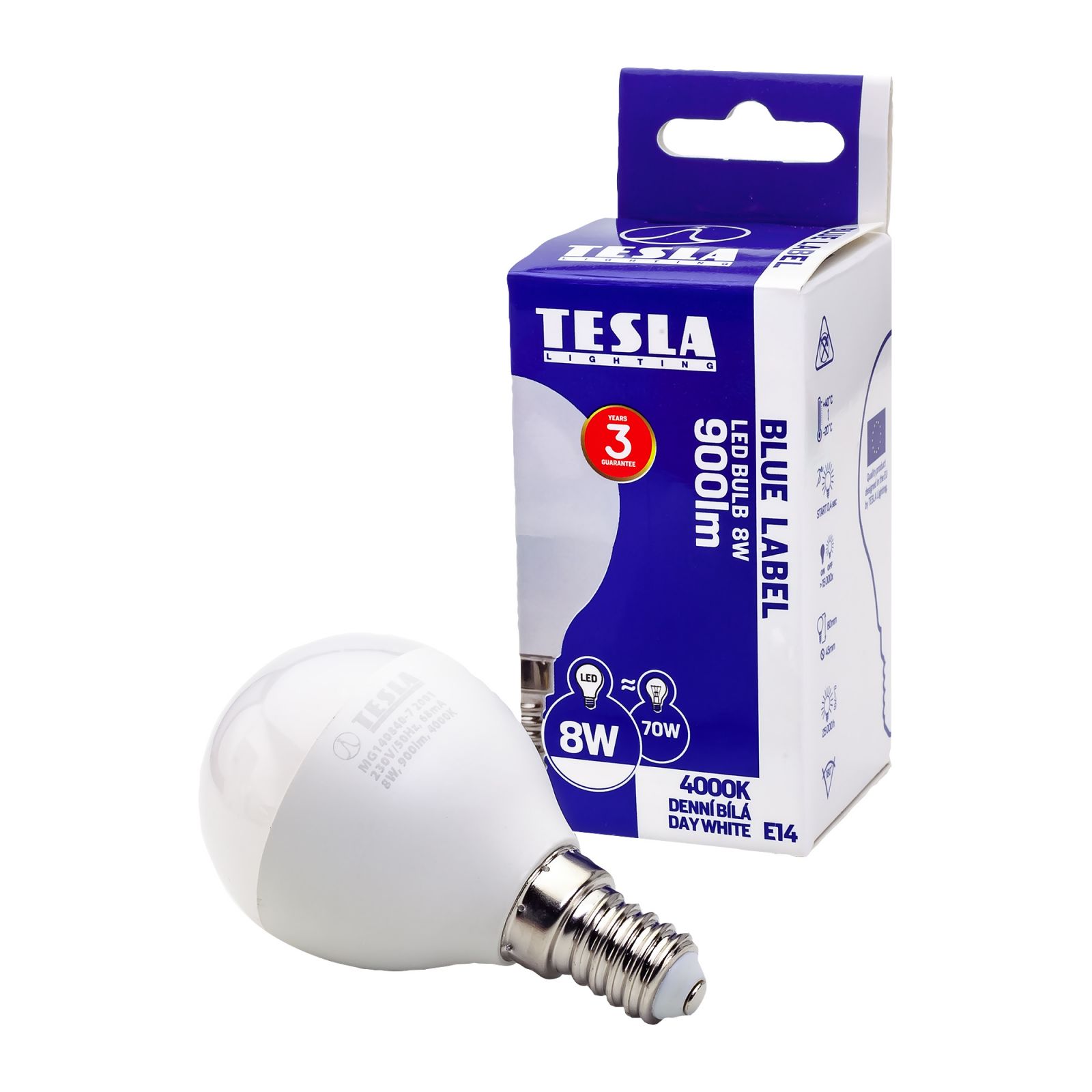 Tesla - LED žárovka miniglobe BULB E14, 8W, 230V, 900lm, 25 000h, 4000K denní bílá, 220° Tesla Lighting