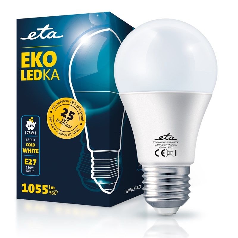 Žárovka 11W, E27, studená bílá LED ETA EKO LEDka klasik A60W11CW01