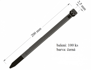 Vázací páska černá, nosnost 8 kg, průměr svazku 53 mm, rozměr 2,5x200 mm, 100ks v balení - VPC 2,5x200